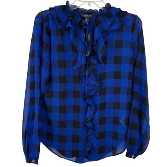 NWT Lauren Ralph Lauren Buffalo Check Ruffled Georgette Blouse Top - Picture 3 of 7